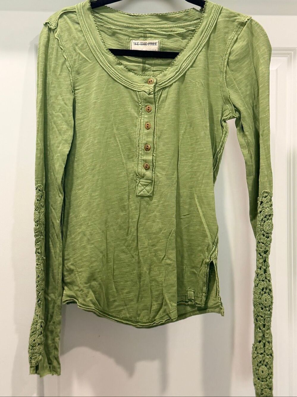 We The Free Green Lace Sleeve Long Sleeve Henley Top Free People Sz S